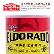 Red and yellow Cafe Eldorado Espresso coffee tin displays "The Mark of Excellence" slogan. 
