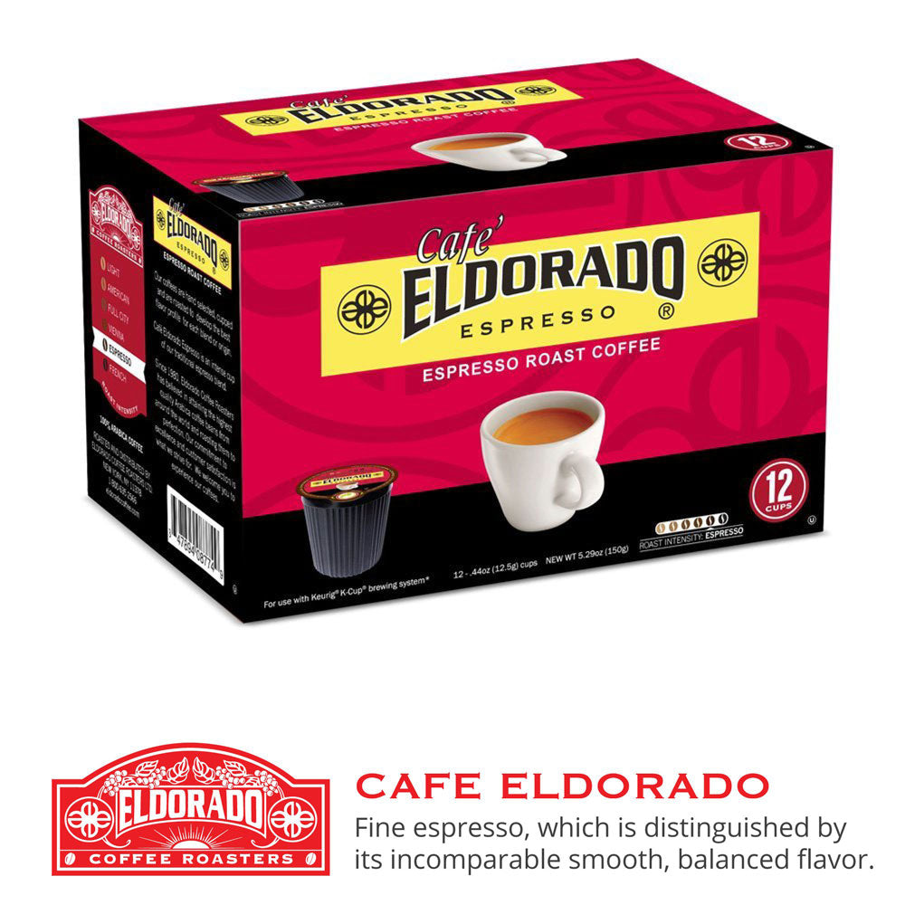 A 12-count box of Cafe Eldorado Espresso Roast Coffee K-Cups sits on display, featuring a steaming cup of espresso in the center. 
