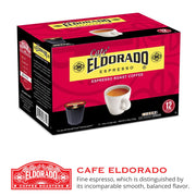 A 12-count box of Cafe Eldorado Espresso Roast Coffee K-Cups sits on display, featuring a steaming cup of espresso in the center. 
