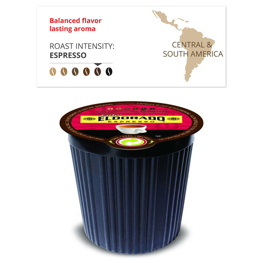 Single-serve Cafe El Dorado Espresso pod with a dark roast intensity. 
