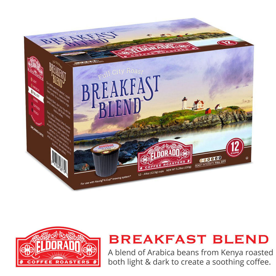 El Dorado Coffee Roasters Breakfast Blend K-Cups box featuring a coastal lighthouse scene. 
