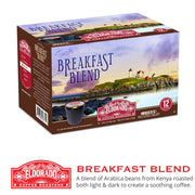 El Dorado Coffee Roasters Breakfast Blend K-Cups box featuring a coastal lighthouse scene. 

