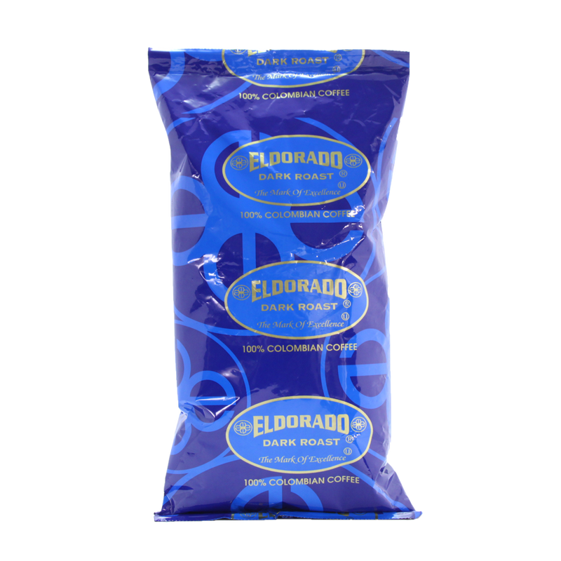 Blue bag of Eldorado brand 100% Colombian dark roast coffee. 
