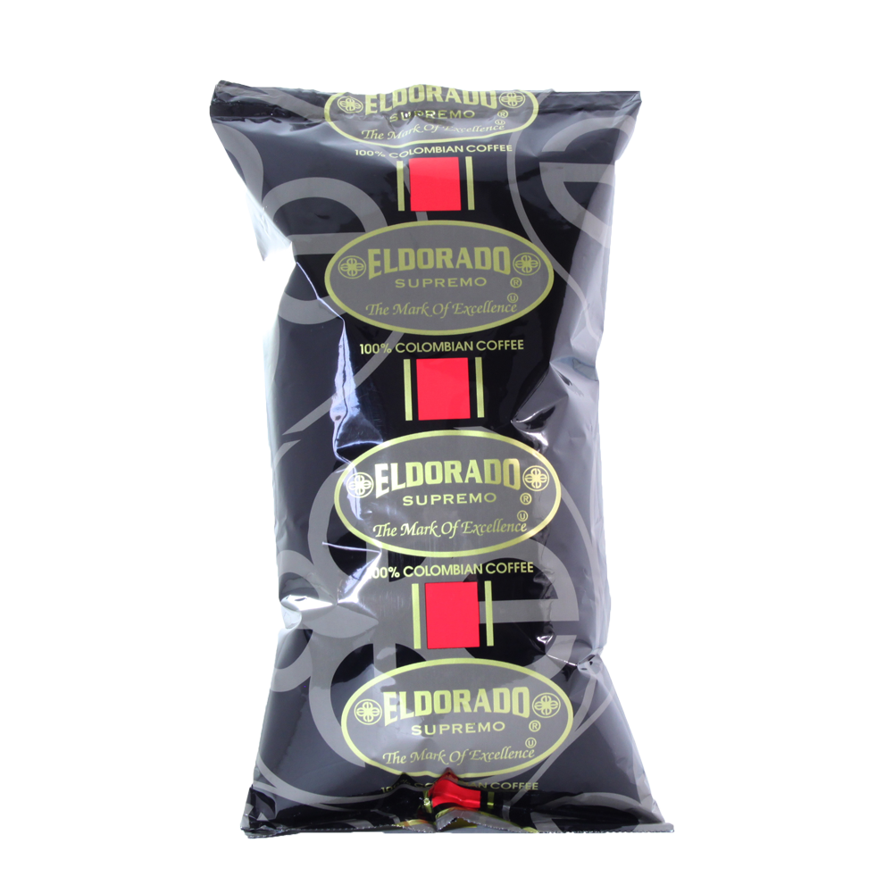 Black foil bag of Eldorado Supremo 100% Colombian coffee. 
