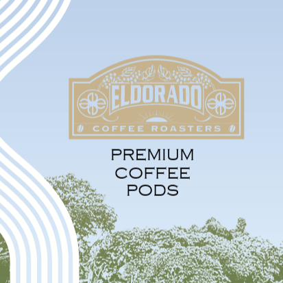 Eldorado Coffee Roasters logo above the words "Premium Coffee Pods" against a backdrop of a stylized coffee plantation. 
